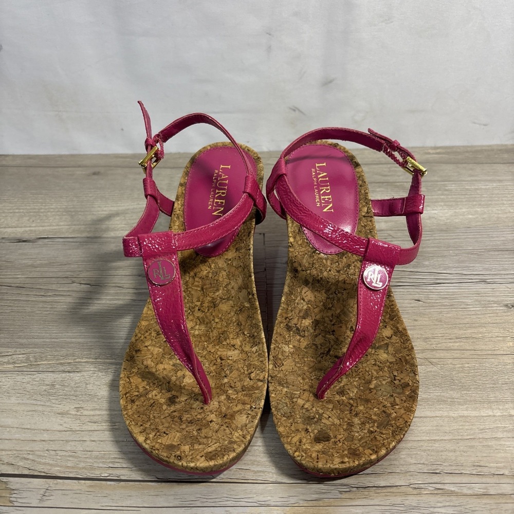 Women's 9 Vintage Ralph Lauren Reeta Strappy Pink Fuchsia Cork Wedge Y2K - Picture 2 of 9